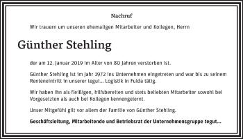 Traueranzeige von Günther Stehling von FZ