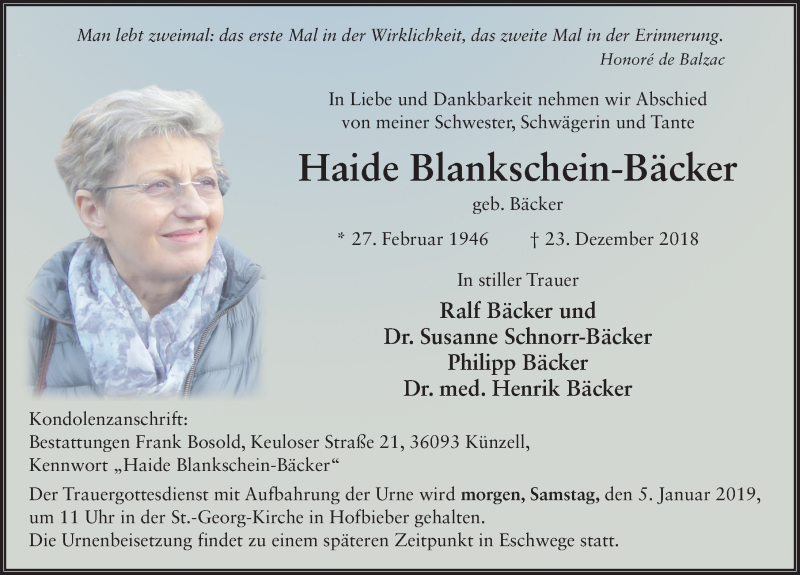  Traueranzeige für Haide Blankschein-Bäcker vom 04.01.2019 aus 