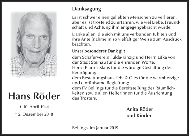  Traueranzeige für Hans Röder vom 17.01.2019 aus FZ