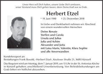 Traueranzeige von Herbert Etzel 
