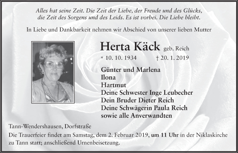  Traueranzeige für Herta Käck vom 29.01.2019 aus 