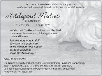 Traueranzeige von Hildegard Medves 