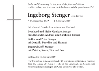 Traueranzeige von Ingeborg Stenger 