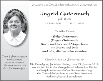 Traueranzeige von Ingrid Gutermuth von FZ
