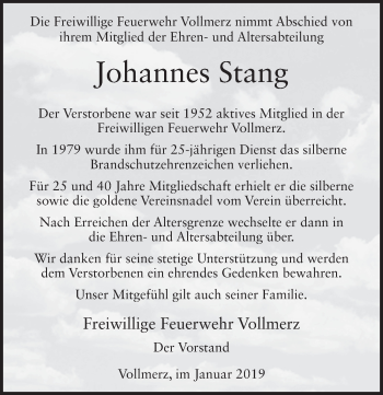 Traueranzeige von Johannes Stang 