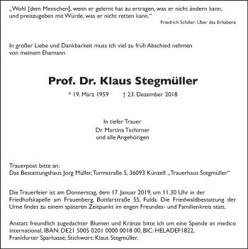 Traueranzeige von Klaus Stegmüller von FZ