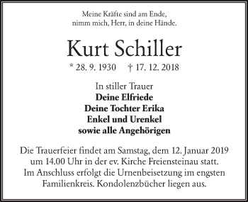 Traueranzeige von Kurt Schiller 