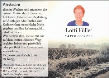 Traueranzeige von Lotti Füller 