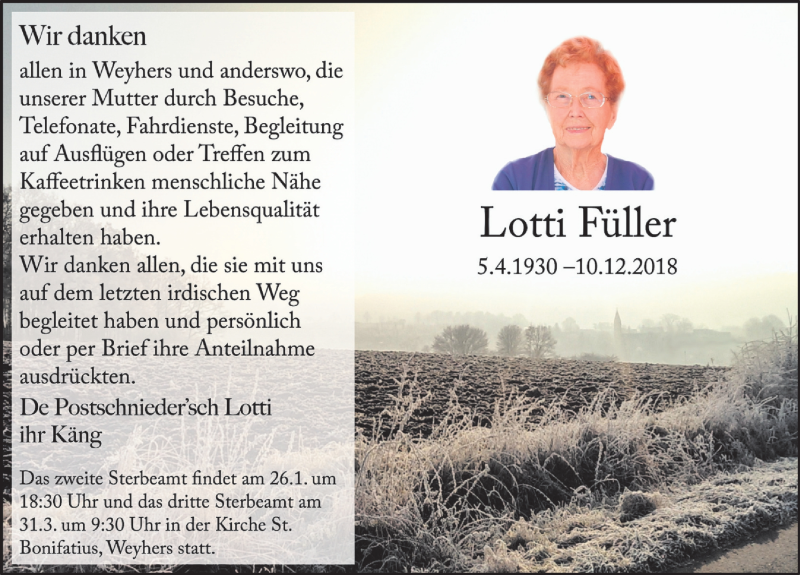  Traueranzeige für Lotti Füller vom 21.01.2019 aus 