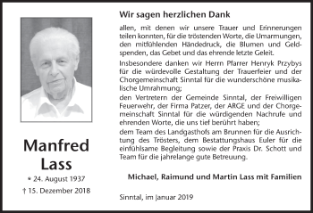 Traueranzeige von Manfred Lass von FZ