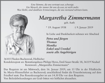 Traueranzeige von Margaretha Zimmermann 