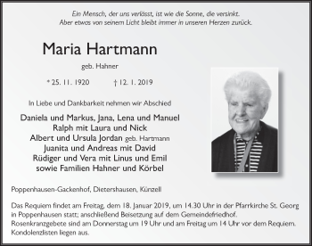 Traueranzeige von Maria Hartmann von FZ