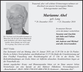 Traueranzeige von Marianne Abel von FZ