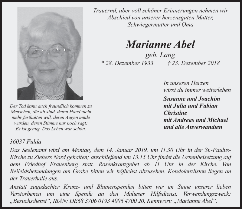  Traueranzeige für Marianne Abel vom 05.01.2019 aus FZ
