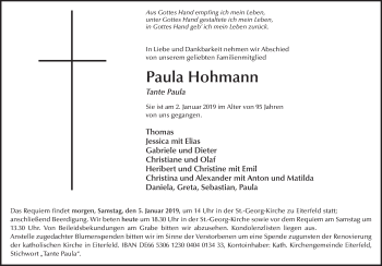 Traueranzeige von Paula Hohmann 