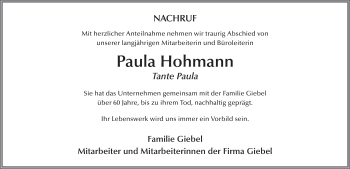 Traueranzeige von Paula Hohmann 