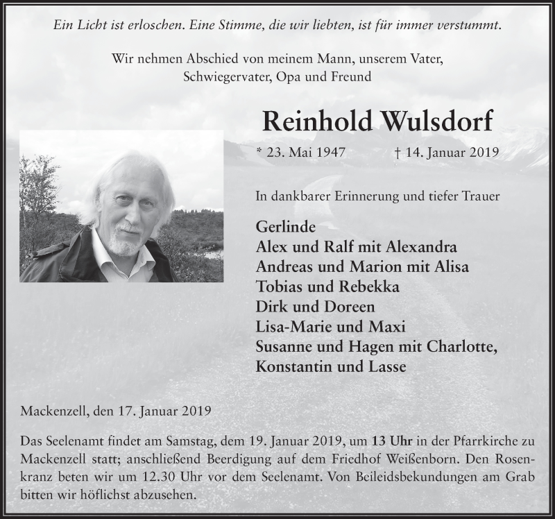  Traueranzeige für Reinhold Wulsdorf vom 17.01.2019 aus FZ