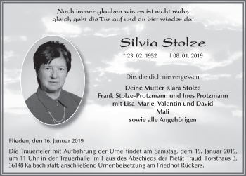 Traueranzeige von Silvia Stolze von FZ