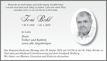 Traueranzeige von Toni Bohl 