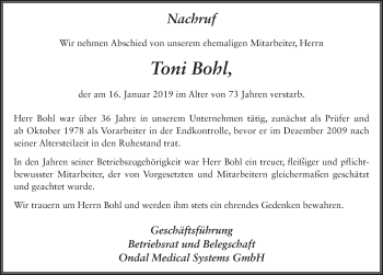 Traueranzeige von Toni Bohl 