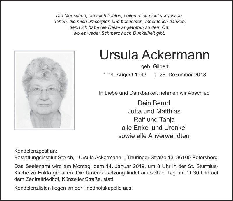  Traueranzeige für Ursula Ackermann vom 09.01.2019 aus FZ