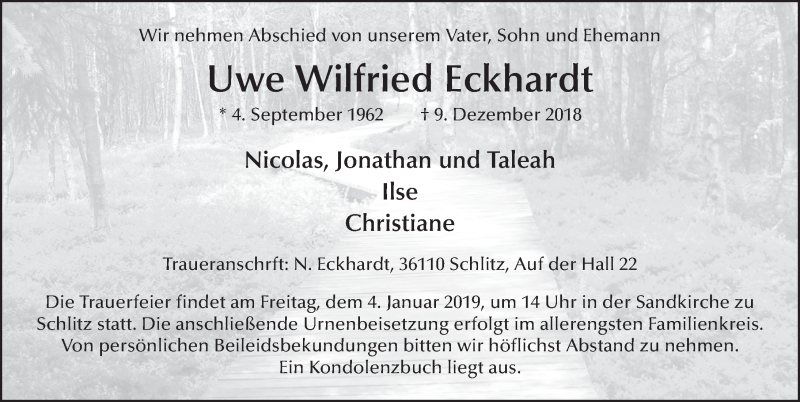  Traueranzeige für Uwe Wilfried Eckhardt vom 02.01.2019 aus FZ