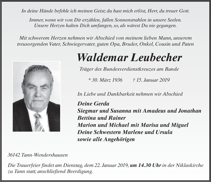  Traueranzeige für Waldemar Leubecher vom 17.01.2019 aus FZ