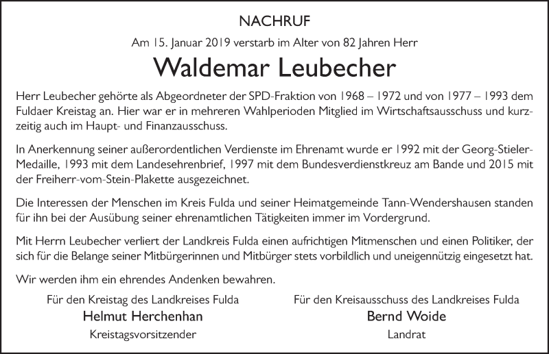  Traueranzeige für Waldemar Leubecher vom 19.01.2019 aus FZ