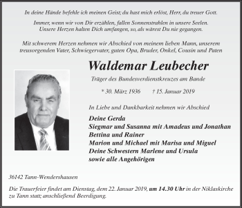 Traueranzeige von Waldemar Leubecher von FZ