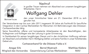 Traueranzeige von Wolfgang Dehler 