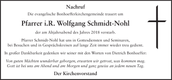 Traueranzeige von Wolfgang Schmidt-Nohl 