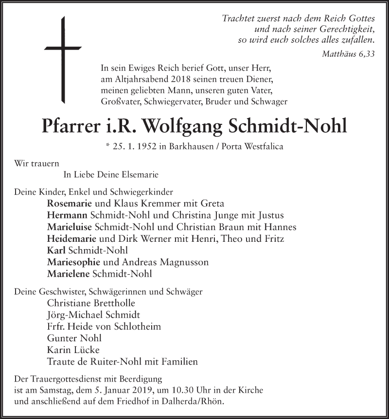 Traueranzeige für Wolfgang Schmidt-Nohl vom 03.01.2019 aus 
