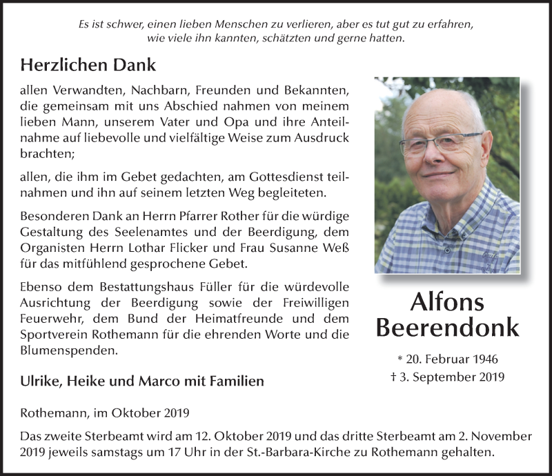 Traueranzeige für Alfons Beerendonk vom 10.10.2019 aus FZ