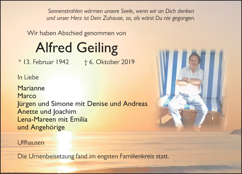  Traueranzeige für Alfred Geiling vom 19.10.2019 aus FZ