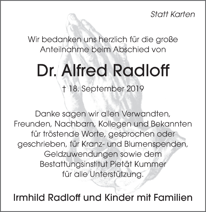  Traueranzeige für Alfred Radloff vom 19.10.2019 aus FZ
