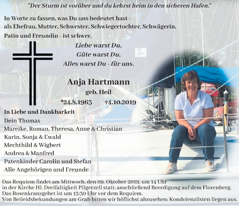  Traueranzeige für Anja Hartmann vom 07.10.2019 aus FZ