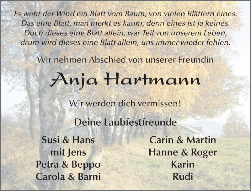  Traueranzeige für Anja Hartmann vom 08.10.2019 aus FZ