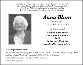 Traueranzeige von Anna Blum von FZ