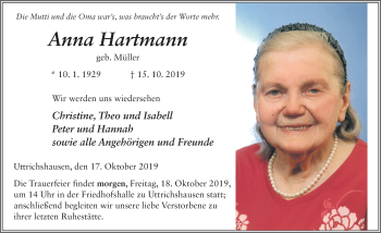 Traueranzeige von Anna Hartmann von FZ