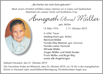 Traueranzeige von Anna Müller von FZ