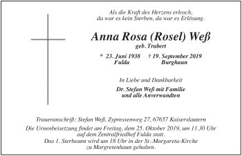 Traueranzeige von Anna Rosa Weß von FZ