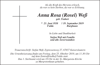 Traueranzeige von Anna Rosa Weß von FZ