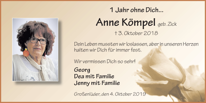  Traueranzeige für Anne Kömpel vom 04.10.2019 aus FZ