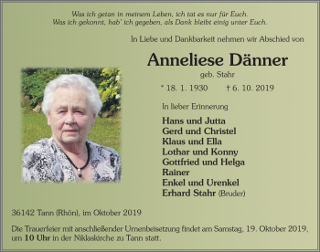 Traueranzeige von Anneliese Dänner von FZ