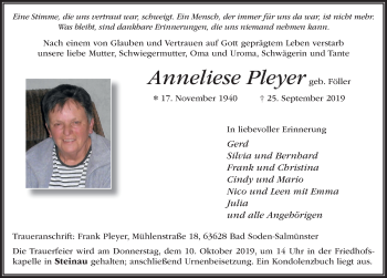 Traueranzeige von Anneliese Pleyer von FZ