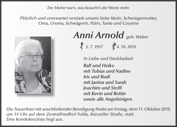 Traueranzeige von Anni Arnold von FZ