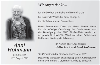 Traueranzeige von Anni Hohmann von FZ
