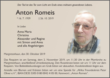 Traueranzeige von Anton Romeis von FZ