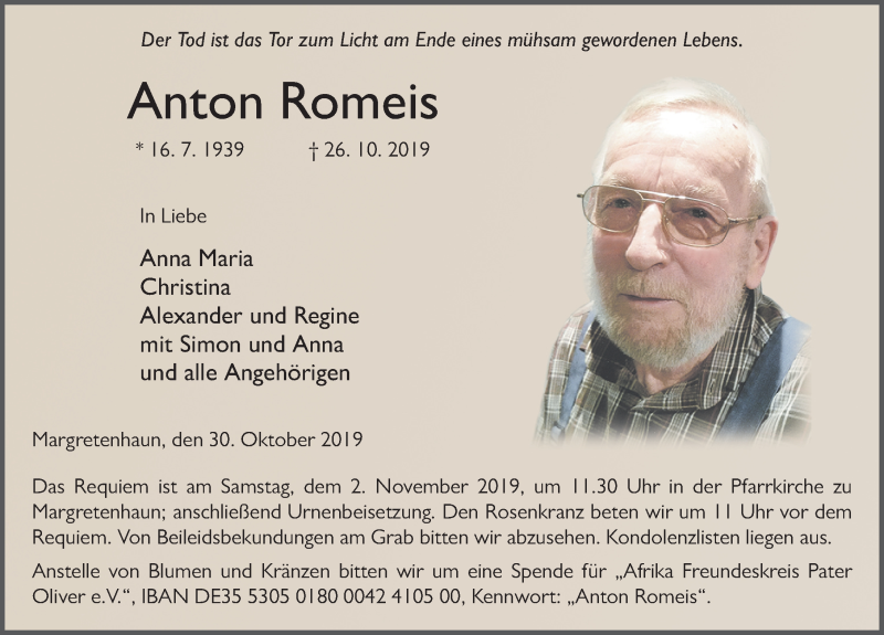  Traueranzeige für Anton Romeis vom 30.10.2019 aus FZ