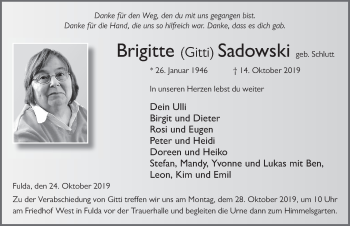 Traueranzeige von Brigitte Sadowski von FZ